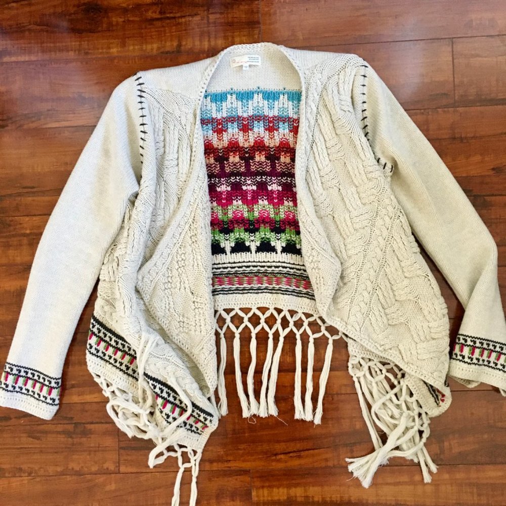 Odd Molly 100% Cotton Fringe Waterfall Patterned Open Front Sweater